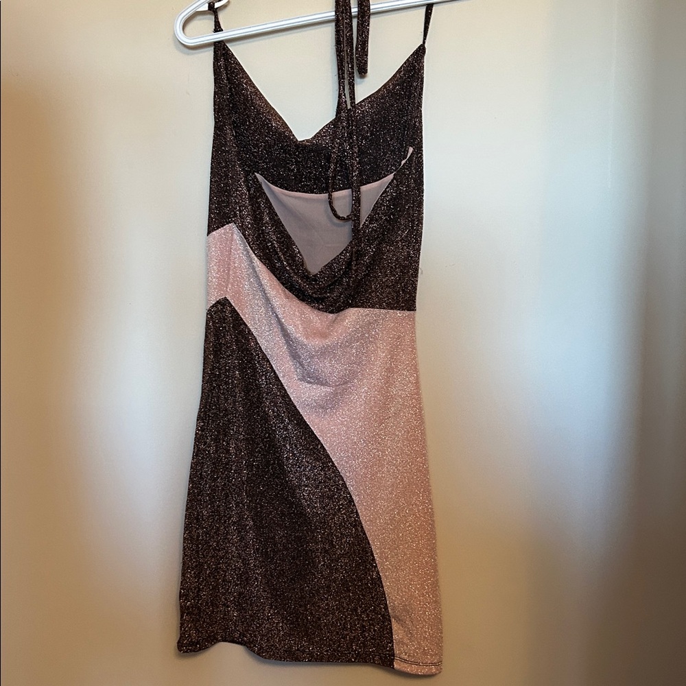Naked Wardrobe pink/brown stretchy mini dress silver/gold sparkle size 1 new/tag - Picture 5 of 9